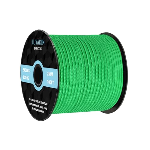 Paracord 240lb - Diameter 2mm Micro Utility Cord -3 Strand Parachute Spool Cord - 100ft 200ft,Paracord for Camping,Hiking,Fishing,Outdoor and DIY - color: Green, size: 100 ft
