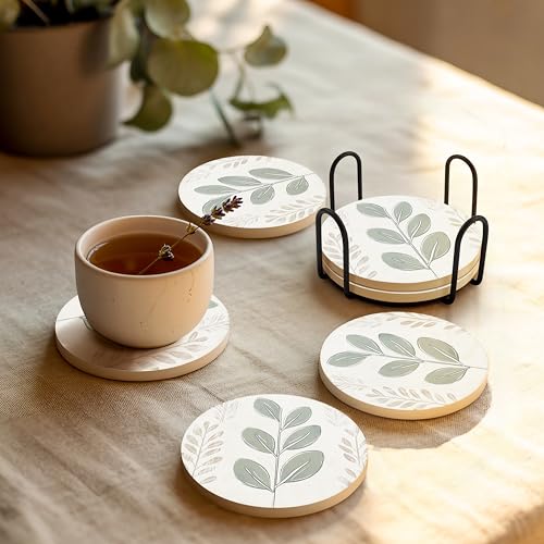 VEYRO Ceramic Coasters Set of 6 – Absorbent Stone Drink Coasters with Holder, Non-Slip Cork Backing, Modern Marble Look Coasters for Coffee Table, Desk & Home Decor - color: Leaves 2, size: Set of 6