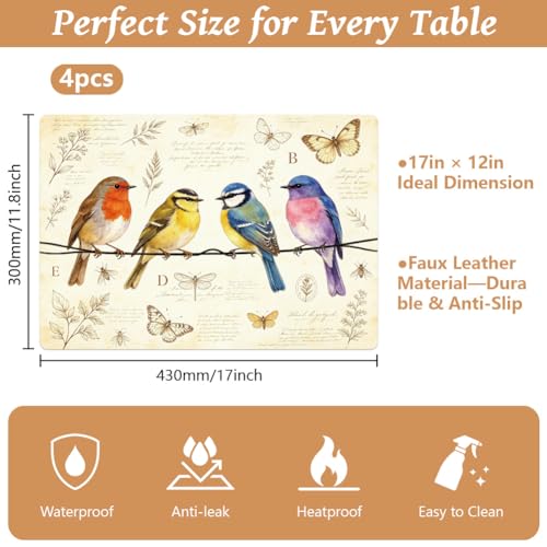 Peacoblue Placemats Set of 4,Faux Leather Vintage Bird Design - style: Vintage Bird