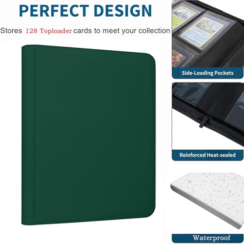 Toploader Binder,4-Pocket Double Sided Top Loaders Binder,Holds 128 Cards in 3"x4" Toploaders,PU Leather Card Binder Abulm for Toploader Trading,Sports,and Gaming Cards (Green) - color: Green