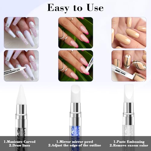 3PCS Silicone Nail Brush, Dual Tipped Nails Carving Tool, Rhinestone Nail Art Sculpture Pen, Nail Design 3D Nail Gel Art Tools for Sculpting Gel Shaping Nail Foil Drawing