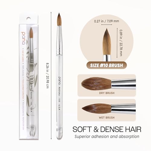 PANA Pure Kolinsky Hair Nail Brush - Round Clear Acrylic Handle (Size 10) - Nail Brush for Nail Application, Nail Extension, Manicure Pedicure Salon Beginner and Professional - color: Clear, size: Size 10