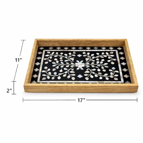 Decorative Wooden Serving Tray with Mother of Pearl Inlay Handcrafted Rectangle Coffee Table Tray Kitchen & Home Décor