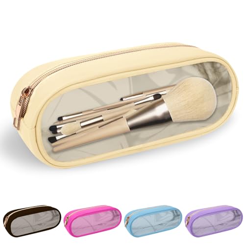 Nylon Small Clear Makeup Bag Slim Pencil Pouch, Cute Makeup Bag Preppy Cosmetic Zipper Pouch Pencil Case for Purse, Travel PVC Toiletry Bag Clutch Coin Pouch Makeup Brush Bag for Women Girls(Beige) - color: Beige-Clear, size: Slim