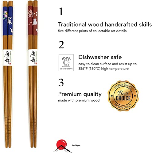Bamboo Chopsticks Set, Japanese Reusable Wooden Chopsticks with Traditional Pattern Designs, Non Slip Tips Dishwasher Safe Asian Chopsticks for Sushi Ramen Noodles Rice Dining (2, Bunny/Natural) - color: Bunny/Natural