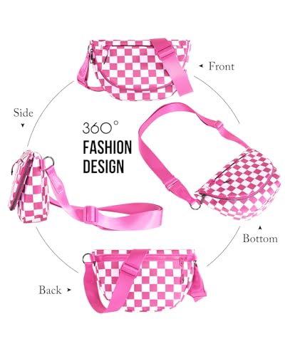 Crescent Bag for Women,Medium Nylon Crescent Bag Single Shoulder Bag - color: Crossbody bag- Rose Checkered