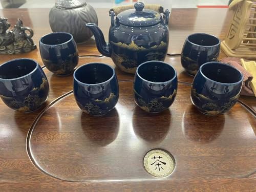 Gift Set Japanese Tea Set, Asian Black Glazed Ceramic Tea Set - Contains 1 Teapot, 1 Tea Strainer and 6 Teacups. Ideal for Home, Outdoor, Office (Blue1) - color: Blue1