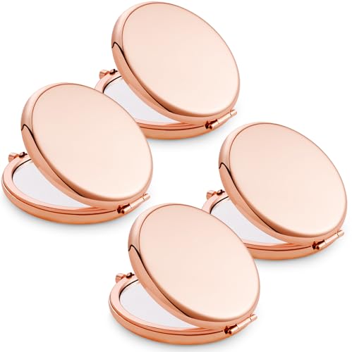 Compact Mirror for Purse, Metal Round Shell, Double-Sided 1X/2X Magnifying, Portable Travel Makeup Mirror, Mini Pocket Mirror, Rose Gold, 4 Packs - color: Rose Gold