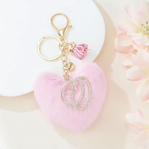 Initial Letter Heart Pom Pom Keychain for Women Pink Soft Fluffy Ball Key Ring for Purse Backpack Handbag - color: O