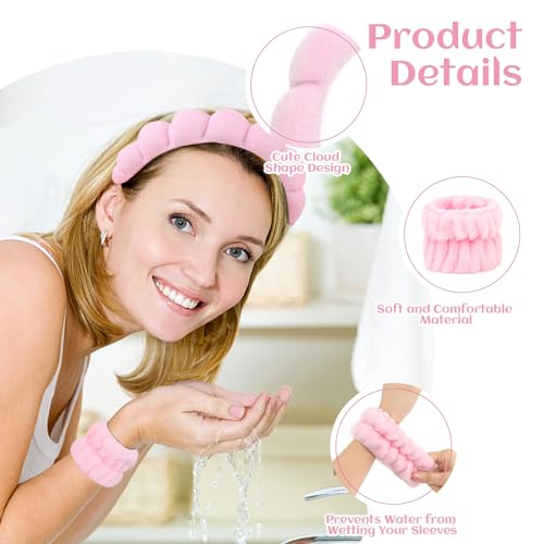 6 Pcs Puffy Terry Cloth Headbands and Wristbands for Skincare, Shower, and Makeup Removal - color: Pink