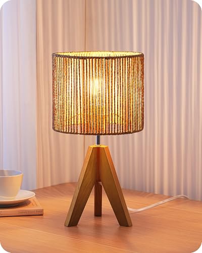 EDISHINE Small Rattan Table Lamp, Wood Tripod Bedside Lamp, 14.2", E26 Base - color: Rosewood Color&Vertical Stripe Shade