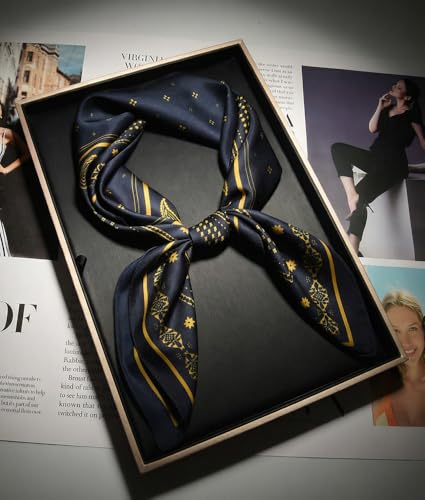corciova Women’s Square Scarf 27.5 in (70 x 70 cm), Satin-Feel Polyester, Lightweight Fashion Scarf for Hair, Neck and Bag - color: Paisley Border (Navy Blue and Gold)