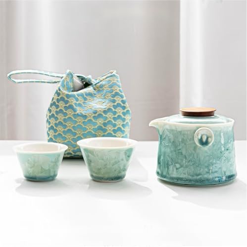 Hermit Life Chinese Travel Tea Set, Portable Ceramic Teapot for One to Two, Gongfu Tea Set with Crystal Glaze, 1 Pot 2 Cups, Gift for Tea Lovers (Mint Green) - color: Mint Green