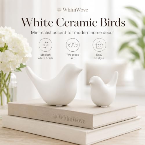 White Ceramic Bird Figurines and Statues, 2 Piece Bird Decor - color: White