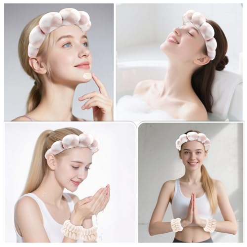 Zkptops Spa Headband for Washing Face Wristband Set Sponge Makeup Skincare Velvet Fabric Bubble Soft Get Ready Hairbands for Women Puffy Headwear Non Slip Thick Thin Hair Accessory (Checkered) - color: ZYE Checkered