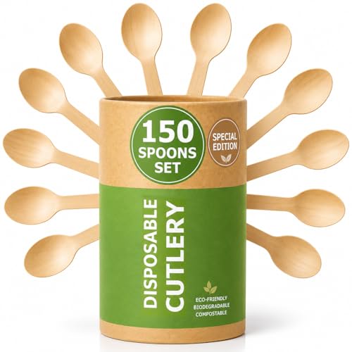 150 Wooden Spoons SPECIAL EDITION, Alternative to Plastic and Bamboo Spoon - 100% Compostable Spoon, Eco Friendly, and Biodegradable Wooden Spoons Disposable for Lounge Party Wedding, BBQ - size: 150Pcs Spoons