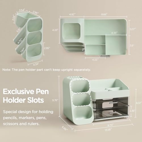 HBlife Desk Organizer with Pen Pencil Holder for Desk, Pen Organizer with 2 Drawers, Desk Organizers and Accessories with 4 Compartments, Desktop Storage for Office Home School Art Supplies, Green - color: Green