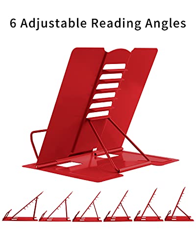 MSDADA Desk Book Stand Metal Reading Rest Book Holder Adjustable Cookbook Documents Holder Portable Sturdy Bookstands for Recipes Textbooks Tablet Music Books with Page Clips (Red) - color: Red