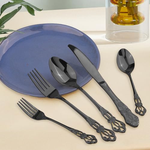 Retro Royal Black Silverware Set With Gift Box, 20-Pieces Cutlery Set Utensils Stainless Steel Flatware For 4 MIKIWAY Kitchen Tableware Set For Gifts Festive, Dishwasher Safe, Mirror Polishing - color: A-Mirror Black (Gift Box)