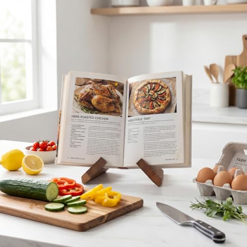 Wooden Cookbook Stand, Recipe Book Holder for Kitchen