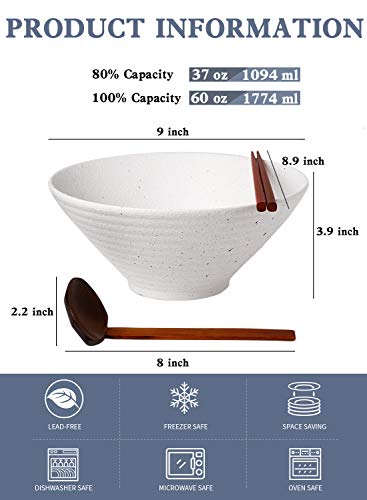 Kanwone Ceramic Japanese Ramen Bowl Set, Noodle Soup Bowls - 60 Ounce, with Matching Spoons and Chopsticks for Udon Soba Pho Asian Noodles, Set of 2, White - color: White, size: 9 Inch