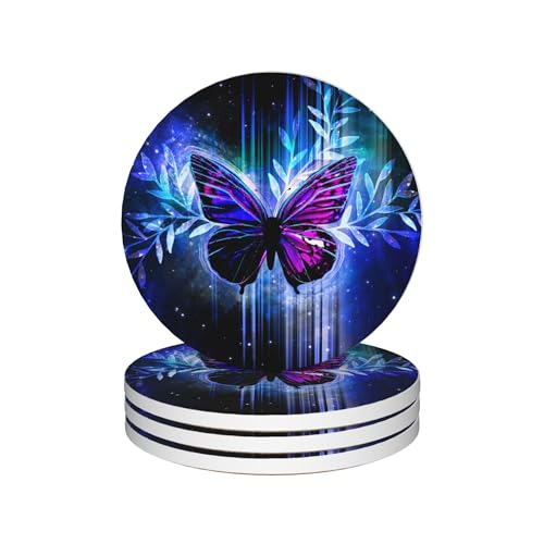 Drinks Coasters Set of 4, Magic Butterfly Round 4" Cup Coasters, Absorbent Ceramic Stone Coasters with Cork Base, Cute Coasters for Table Home Décor, Ideal Gifts for Women Men - color: Magic Butterfly