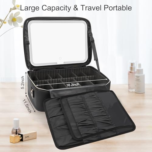 Relavel Makeup Case Large Makeup Bag with LED Mirror, Professional Train Case 16.2 inch, Travel Cosmetic Organizer Brush Holder Waterproof Makeup Artist Storage Box with Adjustable Strap - color: Black with LED Mirror, size: Large