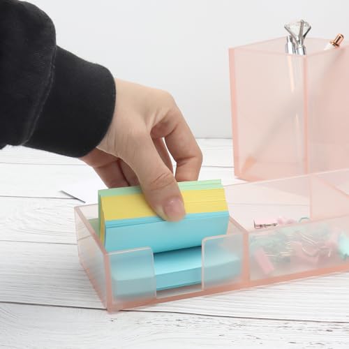 Pink Sticky Note Holder for Desk Acrylic Pink Paper Clip Holder Clear Sticky Notes Organizer 3 Grids Memo Note Pads Storage Container Notepad Dispenser for Cute Desktop Accessories