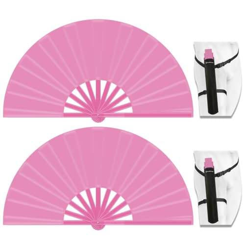 13" Large Folding Rave Fan with Holster, Clack Hand Fans Foldable for Line Dancing for Women Men Festival EDM Party Decoration, Pink 2 Pack - color: Pink