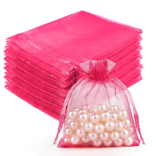 Crweety 50 Pcs Organza Bags 3x4, Hot Pink Small Mesh Gift Bags Drawstring - color: Hot Pink