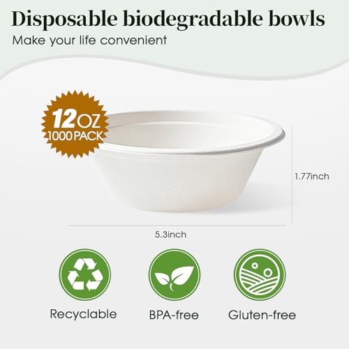 ECOLipak 1000 Pack 12 oz Paper Bowls Disposable, Compostable Bowls, White - color: 1000Pack-White