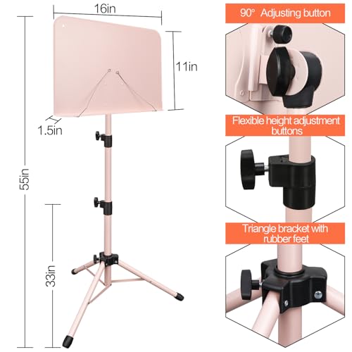 Mdvora 1 Pack Adjustable Pink Sheet Music Stand, with Carry Bag Clip Holder - color: 1 pack light pink, size: Standard Version