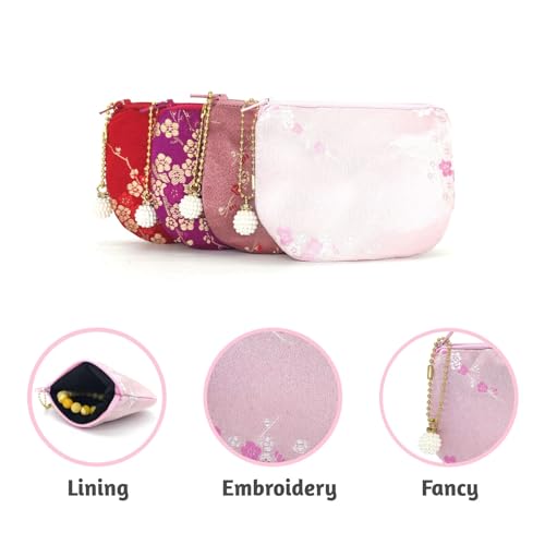 Handmade Women Coin Purse Brocade Rosary Bag Silk Jewelry Pouch Zipper Wallet - Pink - color: Pink