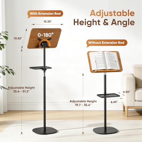 2 in 1 Adjustable Floor Book Stand & Music Stand with Removable Tray, 19.7" to 51.2" Foldable Reading Book Holder with Page Clips for Laptop, Cookbooks, Sheet Music, Wooden Podium Stand for Projector - color: Brown