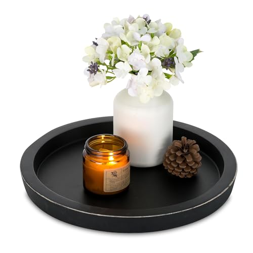 Hanobe Wooden Tray for Coffee Table: Candle Holder Plate Black Round Decorative Serving Tray - Vintage Table Centerpiece Rustic Farmhouse Home Decor - color: Black