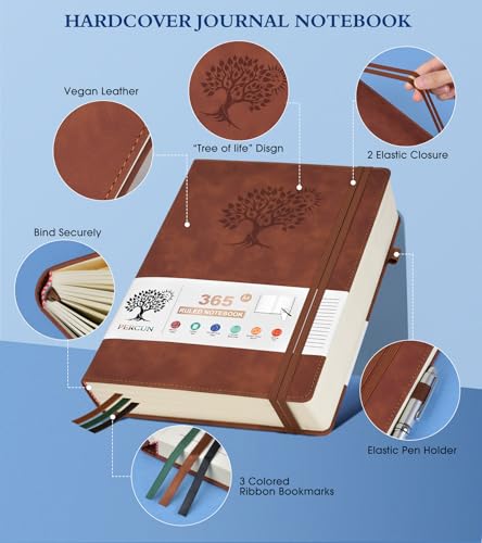 PERCUN A4 Lined Journal Notebook，365 Page Large Leather Journals for Writing Women Men，Hardcover Notebook with 100Gsm Thick Pages for Travel，Work，School，College Ruled, Daily Diary (8.5" x 11.4") - color: Brown, size: A4