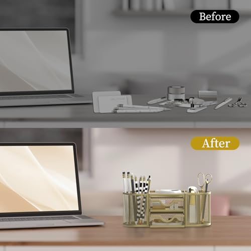 SUPEASY Mesh Desk Organizer, Pen Holder for Desk with 2 Drawers, Yellow - color: Golden Yellow