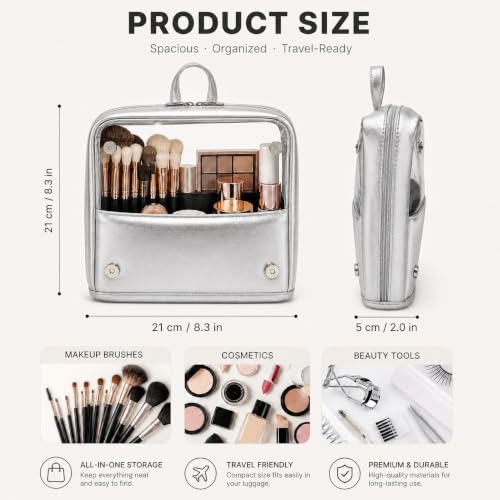 YDR Standing Makeup Brush Bag - Clear Portable Travel Cosmetic Pouch, Large Capacity Foldable Makeup Brush Holder, Water-Resistant Professional Makeup Tool Case for Women & Artists (Silver) - color: silver