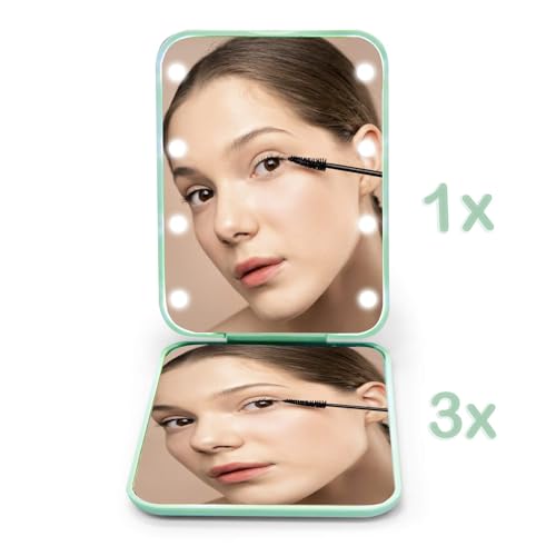 Kintion Pocket Mirror, 1X/3X Magnification LED Compact Mirror (Cyan) - color: Cyan