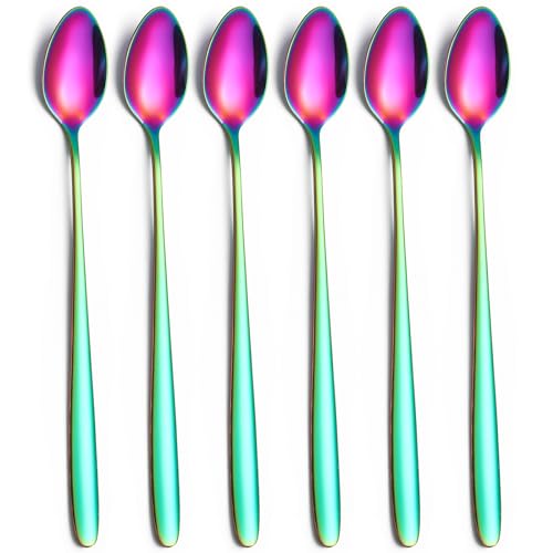 Long Handle Iced Tea Spoon,7.8-Inch Coffee Spoon,Ice Cream Spoon, Stainless Steel TeaSpoons,Cocktail Stirring Spoon,Set of 6(Rainbow), 19.8cm - color: C-Rainbow Set of 6