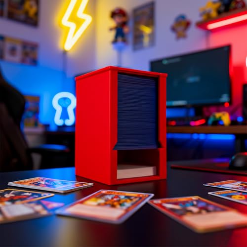 Toploader Dispenser & Penny Sleeve Holder - Dual Compartment Holds 250 Penny Sleeves & up to 50 Top Loaders, Stackable Card Storage Box with Dustproof Lid (Red) - color: Red