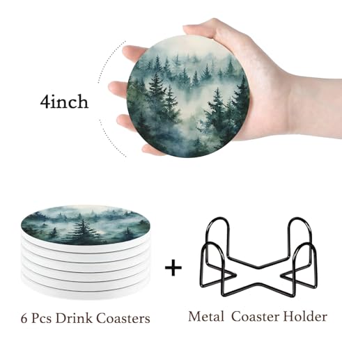 Nikyi 6 Pcs Green Forest Ceramic Absorbent Coasters, Round Drink Coaster with Metal Holder & Cork Base, Watercolor Misty Forest Coasters for Coffee Table Kitchen Bedroom Living Office Home Decor Gifts - color: Green Forest