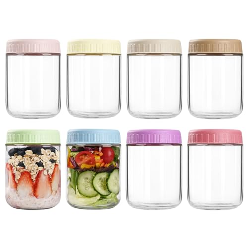 SHOWIN Overnight Oats Containers with Lids, 16oz Glass Jars with Lids 8 pcs, Wide Mouth Mason jars for Salad, Yogurt, Snacks, Meal Prep - color: Multicolor, size: 16oz-8pc