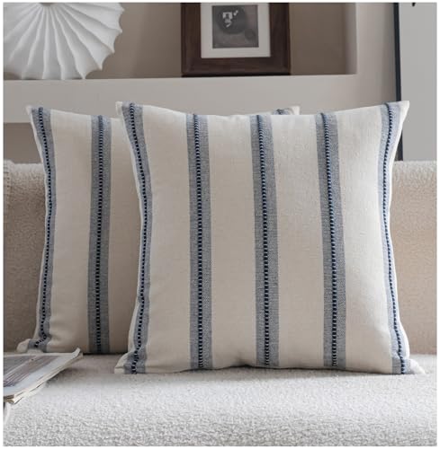 Cethom Boho Throw Pillow Covers 22x22 Set of 2, Navy Blue Striped Decorative Pillow Cases for Couch Chair Bed, Textured Farmhouse Modern Accent Cushion Covers for Living Room Bedroom Sofa Home Decor - color: Navy Blue, size: 22" x 22" (Pack of 2)