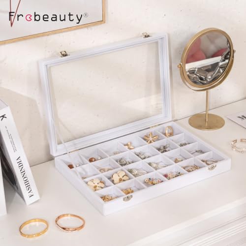 Frebeauty 24 Grid Earring Organizer,Velvet Jewelry Tray with Clear Lid - color: White, size: 24 Grid