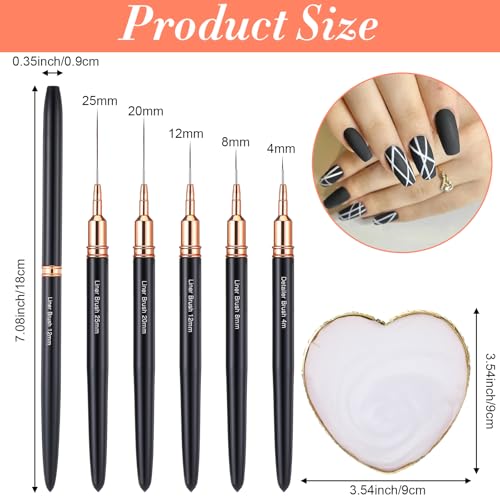 5 Pcs Metallic Nail Art Brushes Liner Brushes Set with Nail Art Mixing Palette Nails Dotting Drawing Tool for Long Lines Thin Detail Fine Liner Brush UV Gel Polish Painting Nails Design 4/8/12/20/25mm - color: Black