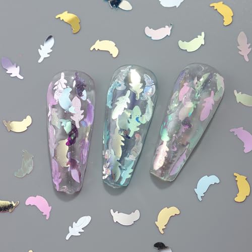 Laser Feather Glitter Sequins Nail Accessories Mix 6 Colors Manicure Feather Nail Art Glitter Flakes 3D Nails Supplies Jewelry Studs Nail Decoration Kit Suitable for Women Sparkly Acrylivc Nail