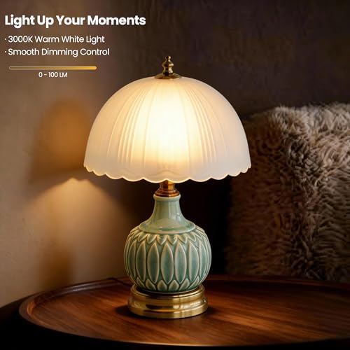 Vintage Green Ceramic Small Table Lamp with White Glass Shade - color: White