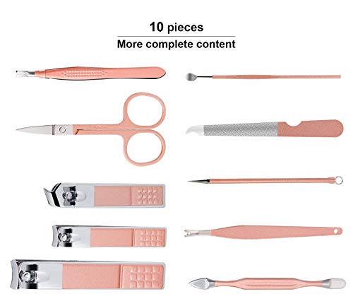 Manicure Set, Travel Mini Nail Clippers Kit Pedicure Care Tools, 10pcs Stainless Steel Grooming kit (Pink) - color: Pink