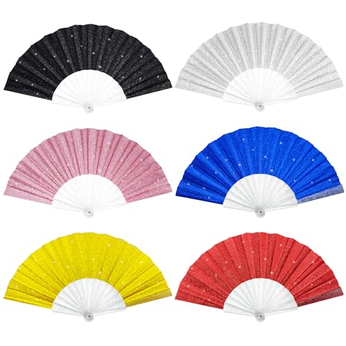 EOSAU 6 Pack Glitter Folding Hand Fans Foldable, Clacking Fans for Women - color: 9" 6 Mixed Colors